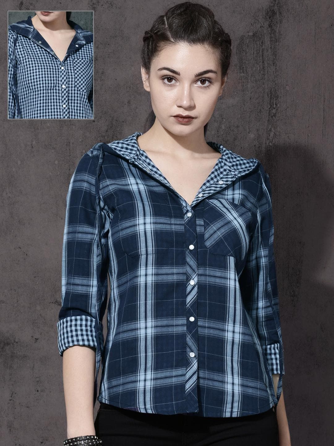Roadster Women Blue Checked Reversible Casual Shirt