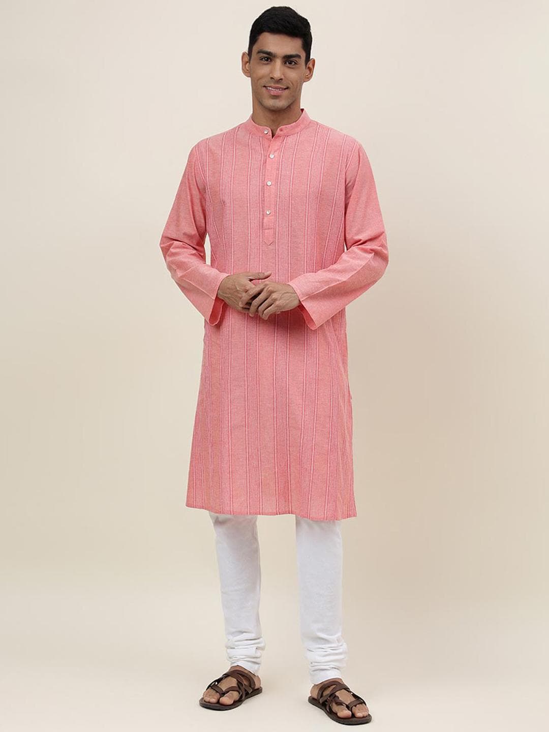 Fabindia Striped Band Collar Long Sleeve Straight Kurta