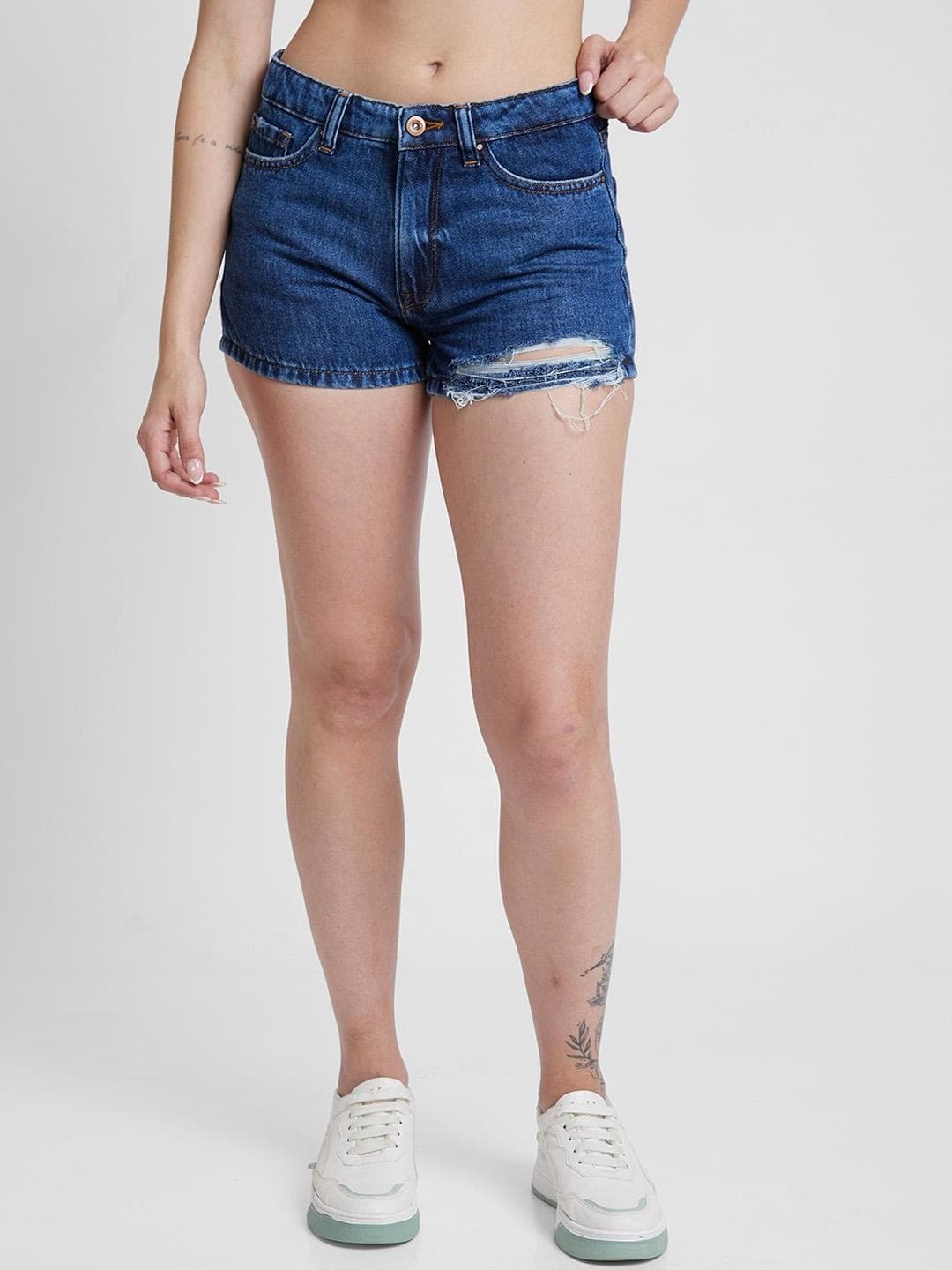 SPYKAR Women Washed Slim Fit Mid Rise Distressed Cotton Denim Shorts
