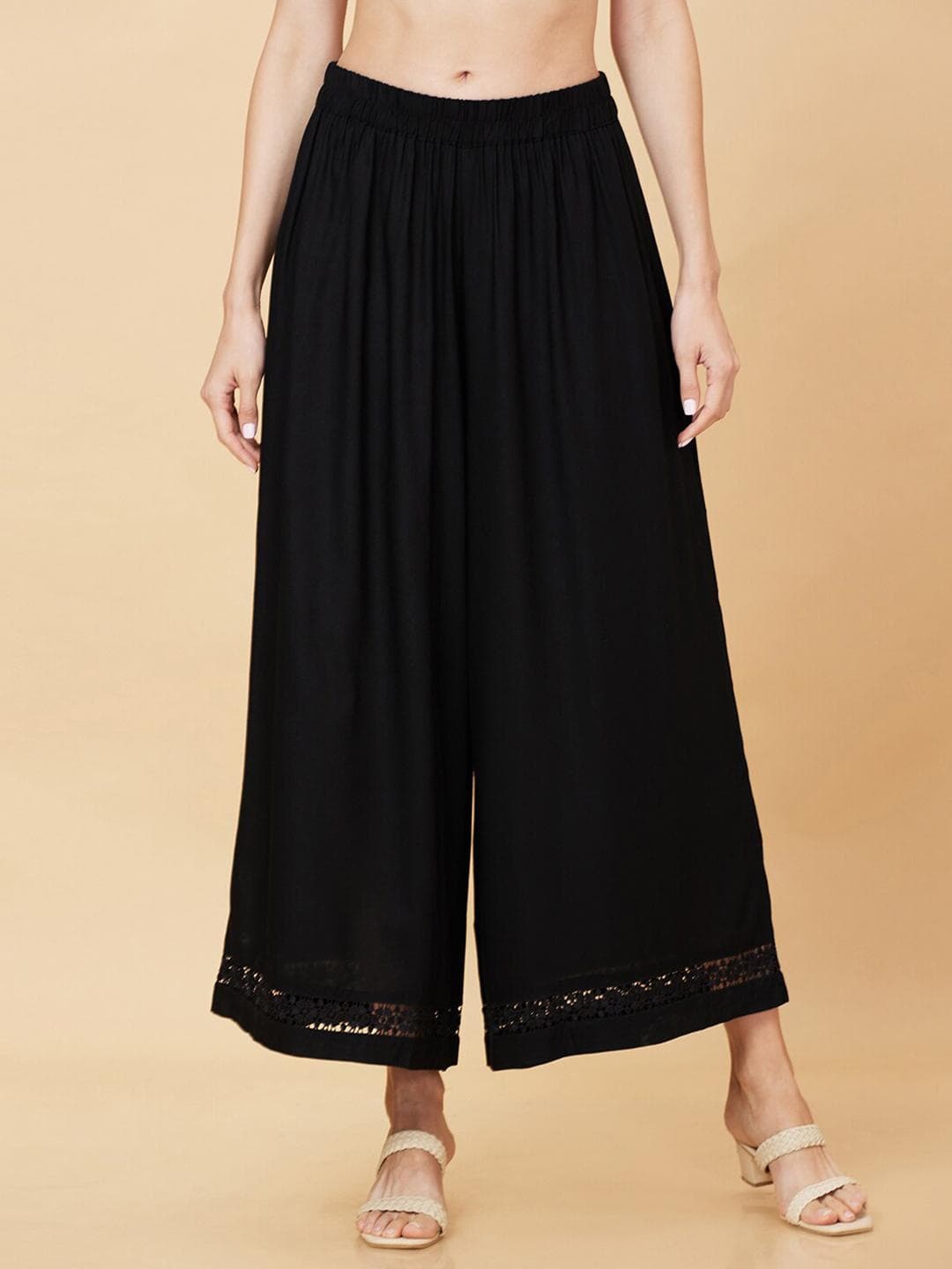 Globus Solid Black Floral Lace Hem Design Wide Leg Ethnic Palazzos