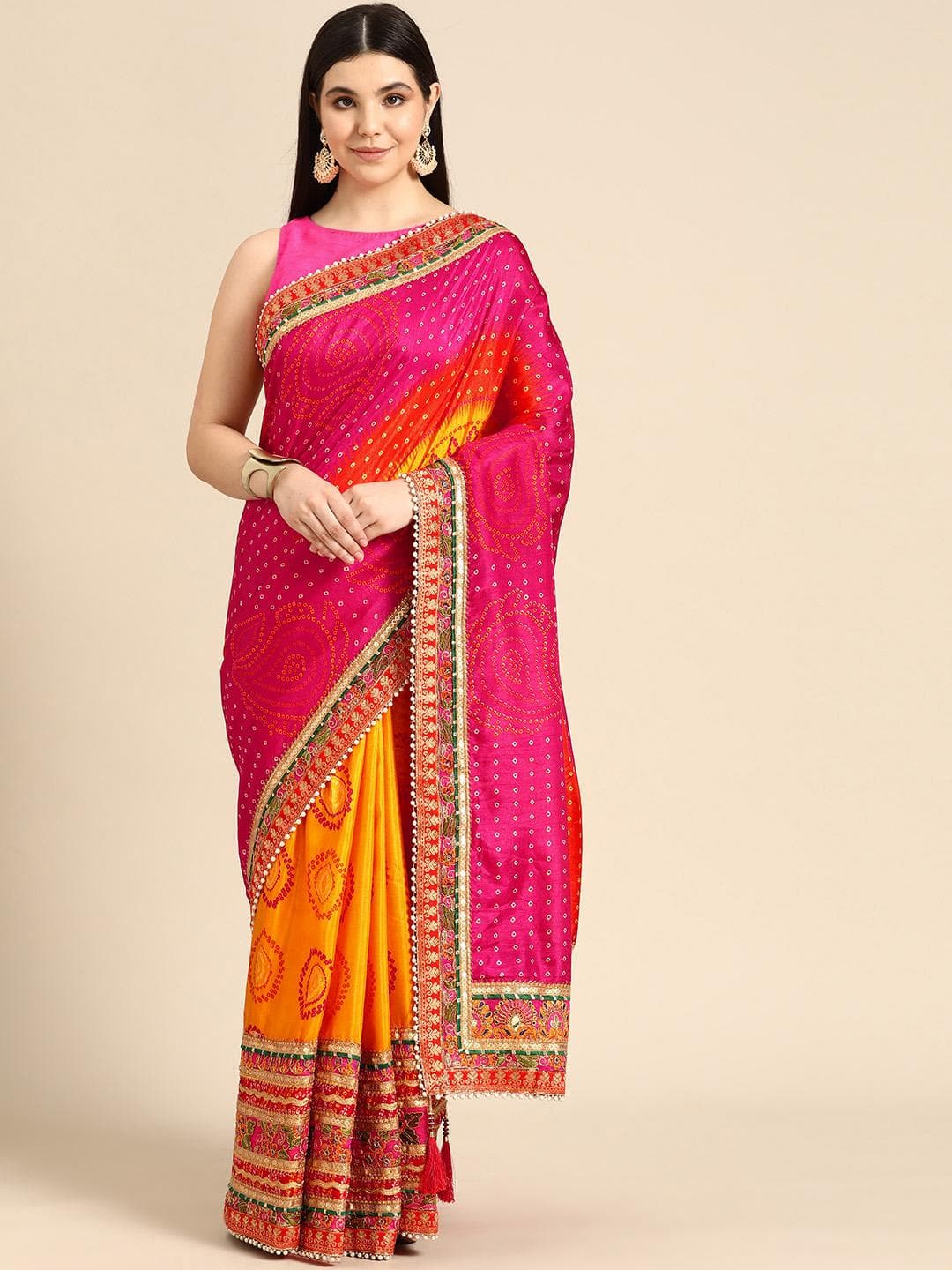 Mitera Bandhani Gotta Patti Half & Half Saree