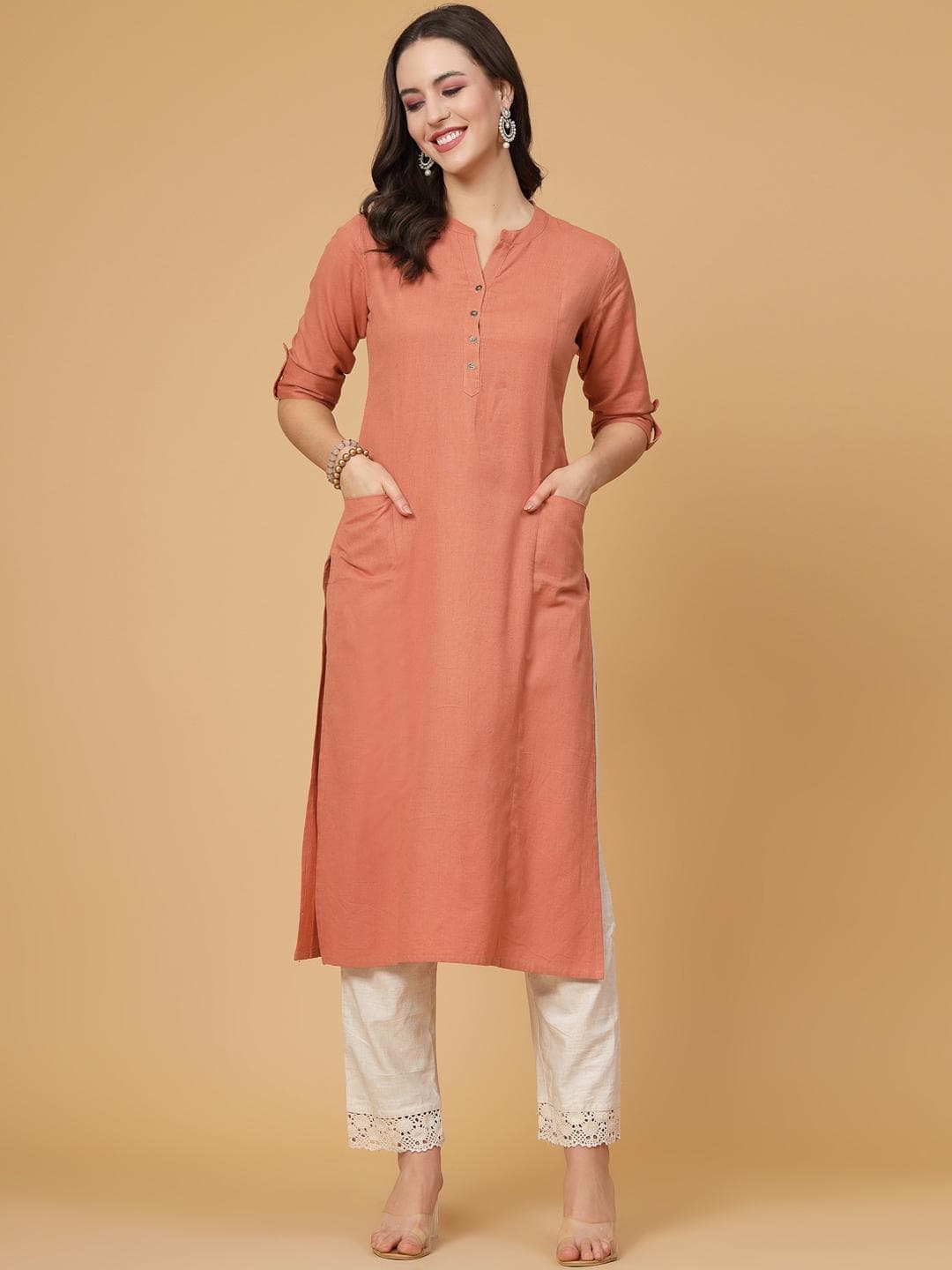 Pistaa Band Collar Roll-Up Sleeves Pure Cotton Kurta