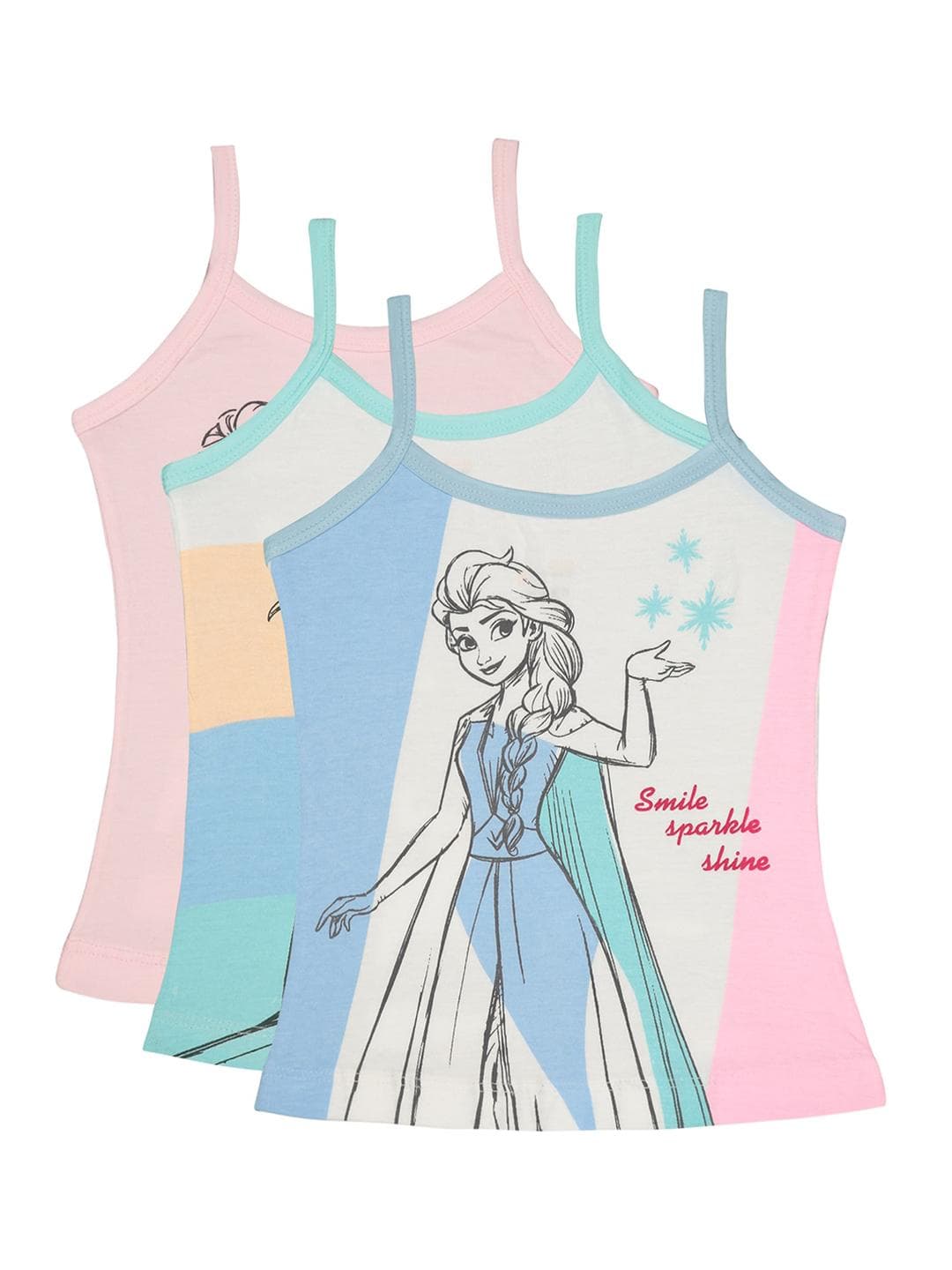 Bodycare Girls Pack Of 3 Assorted Frozen Printed Pure Cotton Camisoles