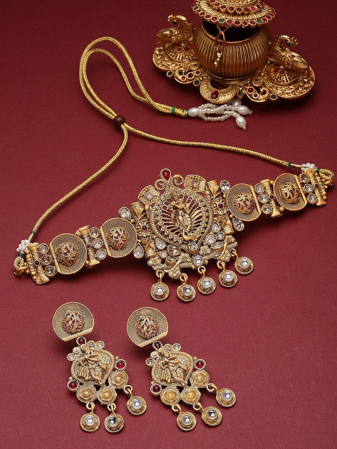 PANASH Gold-Plated Kundan & Stone-Studded Temple Choker Jewellery Set