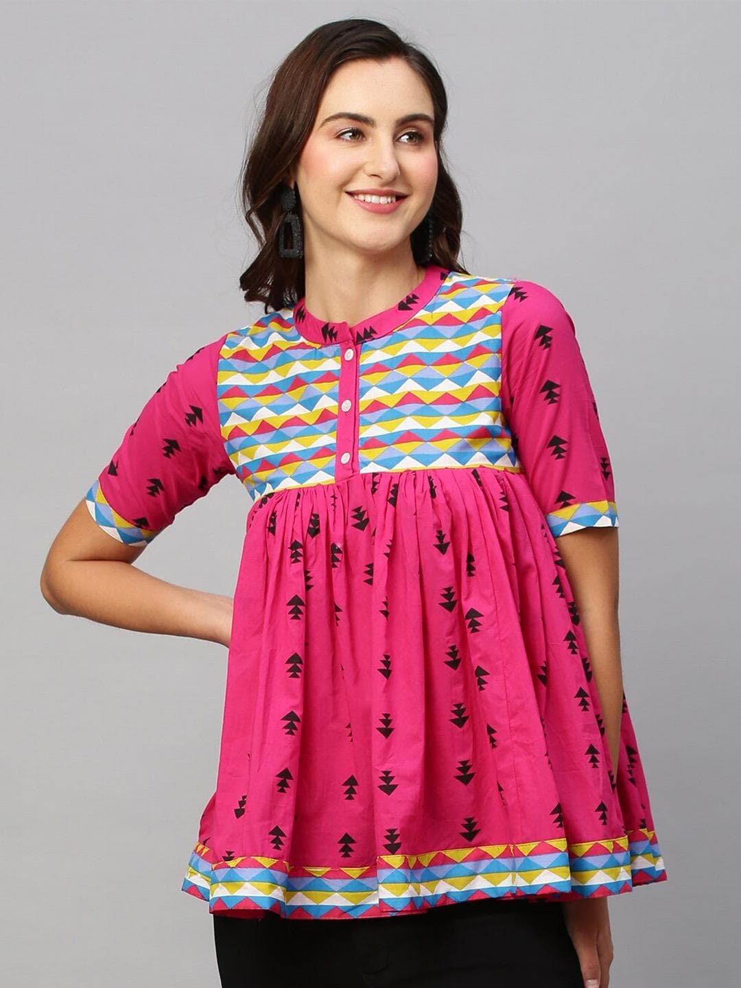Sangria Geometric Printed Pure Cotton Pleated Anarkali Short Kurti