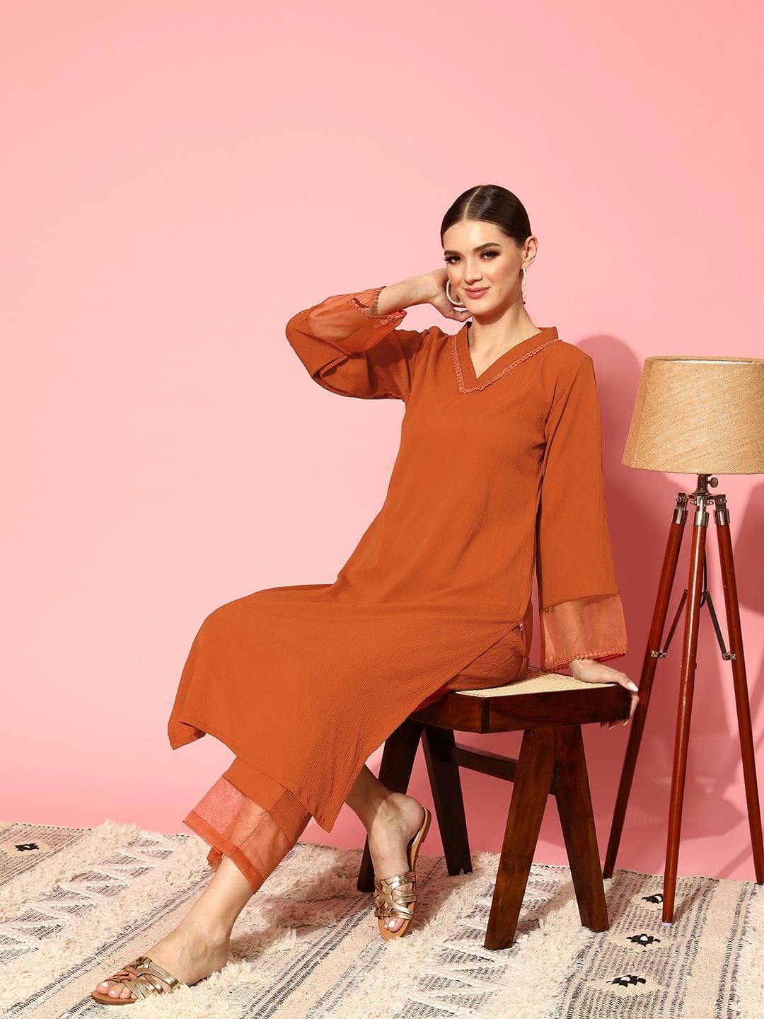 Varanga Rust Flared Sleeve Organza detailed V Neck Textured Kurta with Palazzo