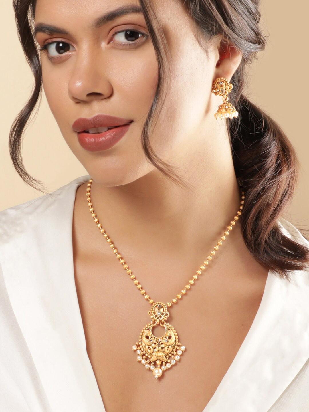 Buy Rubans 18K Gold Plated Golden Bead & White Pearl Drop Chandbali Pendant Jewellery Set - - Accessories for Women