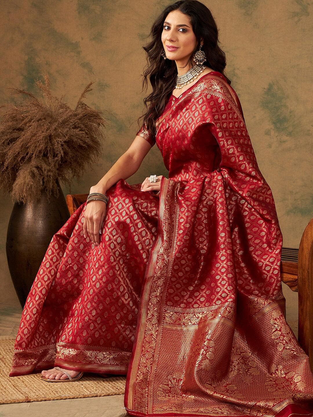 Sangria Red & Gold Toned Ethnic Motifs Woven Design Zari Banarasi Saree