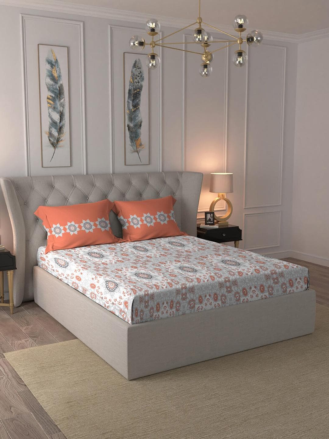 Buy MYTRIDENT Mandevilla Grey Floral Pure Cotton 144 TC Queen Bedsheet With 2 Pillow Covers 90 X 100 Inches - - Home for Unisex