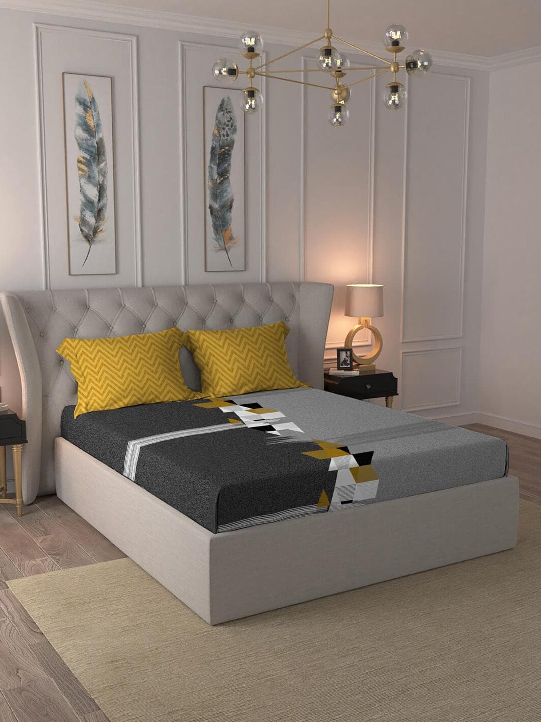 Buy MYTRIDENT Trident Grey Melange Geometric Pure Cotton 144 TC Queen Bedsheet With 2 Pillow Covers 100 X 90 Inches - - Home for Unisex