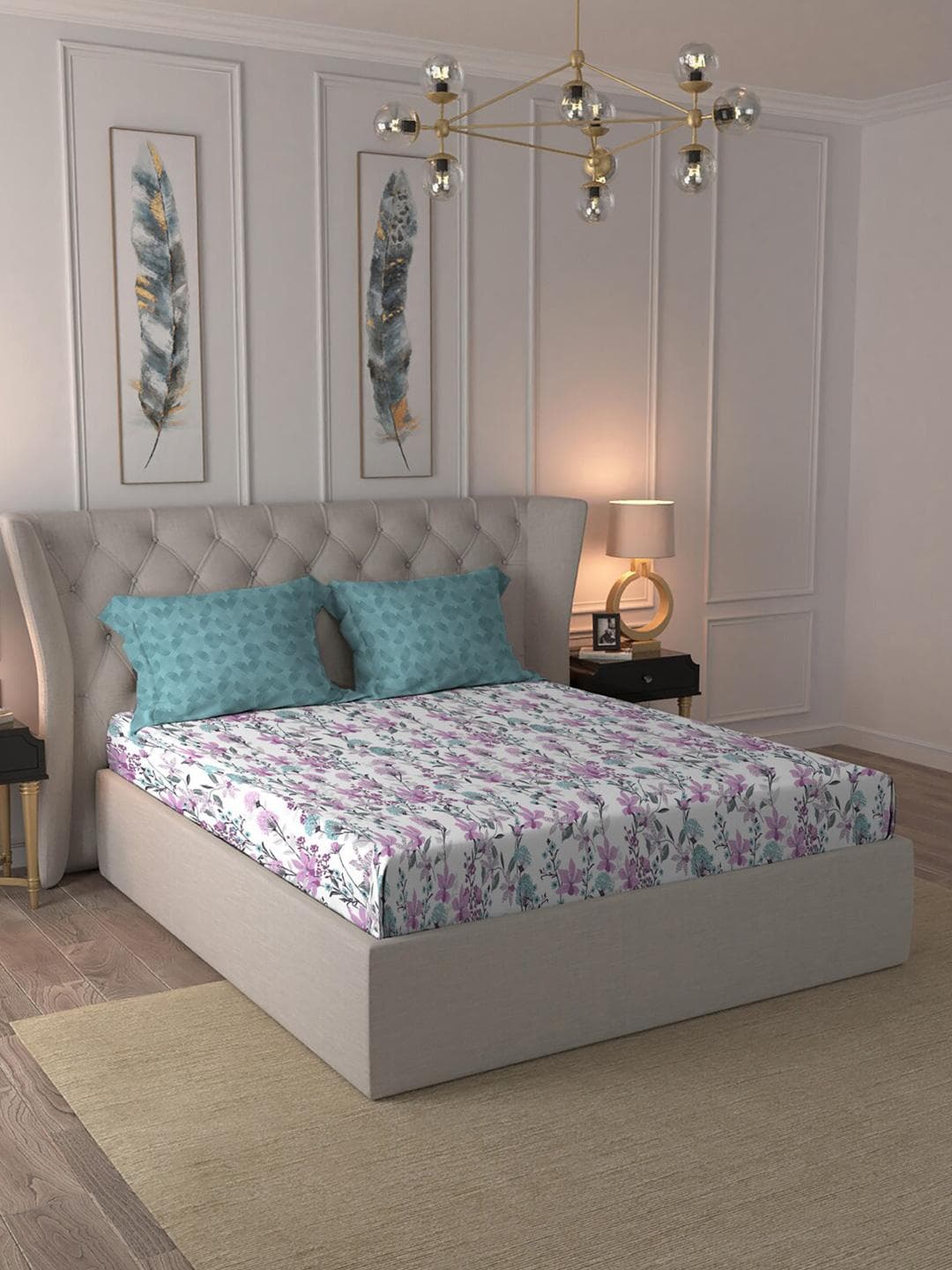 Buy MYTRIDENT Trident Violet Floral Pure Cotton 144 TC Queen Bedsheet With 2 Pillow Covers 100 X 90 Inches - - Home for Unisex
