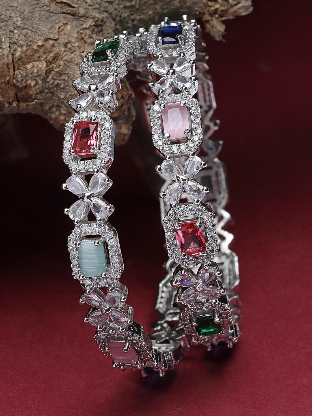 ZENEME Set Of 2 Rhodium-Plated Square Shaped American Diamond-Studded Bangles