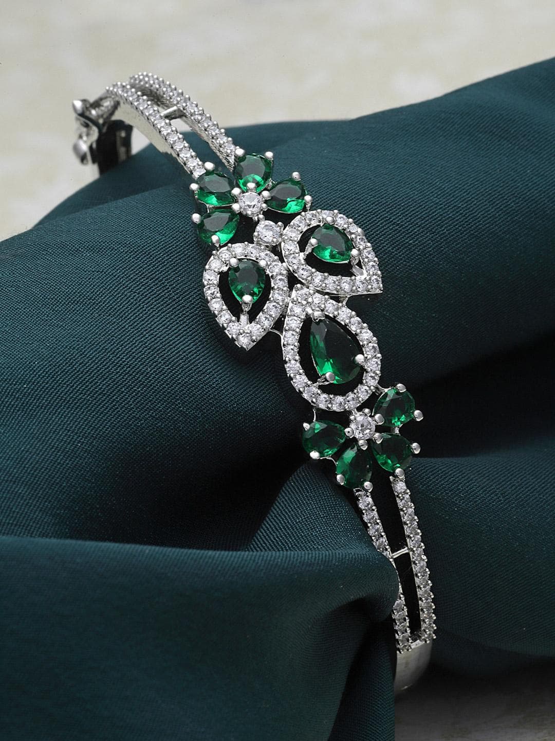 ZENEME Rhodium-Plated Silver Toned Emerald Green AD Studded Cuff Bracelet