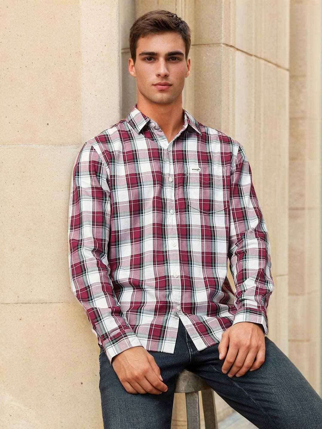 Wrangler Spread Collar Tartan Checked Twill Casual Cotton Shirt