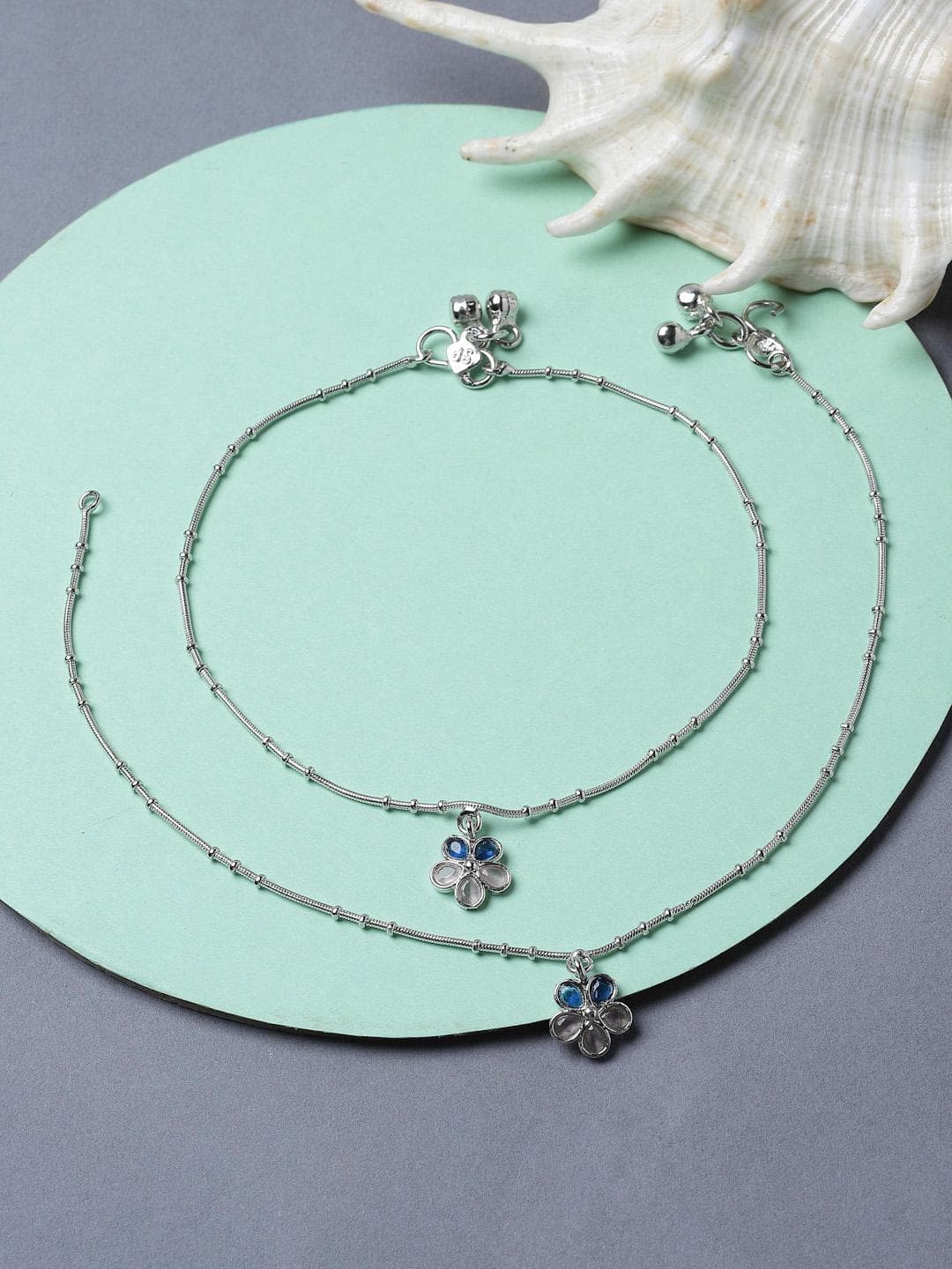 ZENEME Rhodium-Plated Artificial Stone-Studded & Beaded Anklets