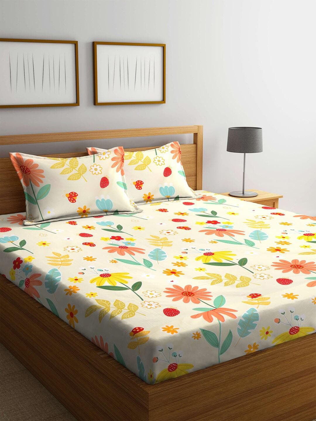 Buy KLOTTHE White Floral Cotton 300 TC Fitted King Fine Bedsheet With 2 Pillow Covers 250 X 220 Cm - - Home for Unisex