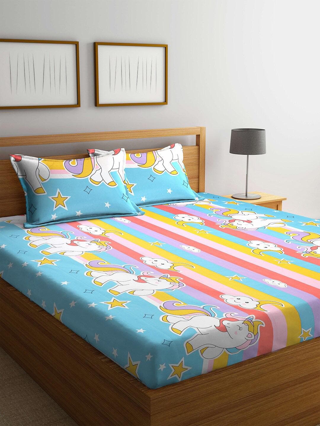 KLOTTHE Blue Cartoon Characters Cotton 300 TC Fitted King Fine Bedsheet with 2 Pillow Covers-98 x 87 inches