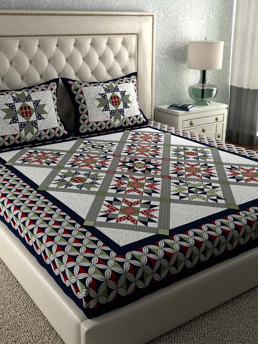 CLOTHOLOGY Midnight Blue Geometric Mosaic Sitara Heritage Collection Cotton Double Flat 104 TC Jaipuri Prints Bedsheet Set