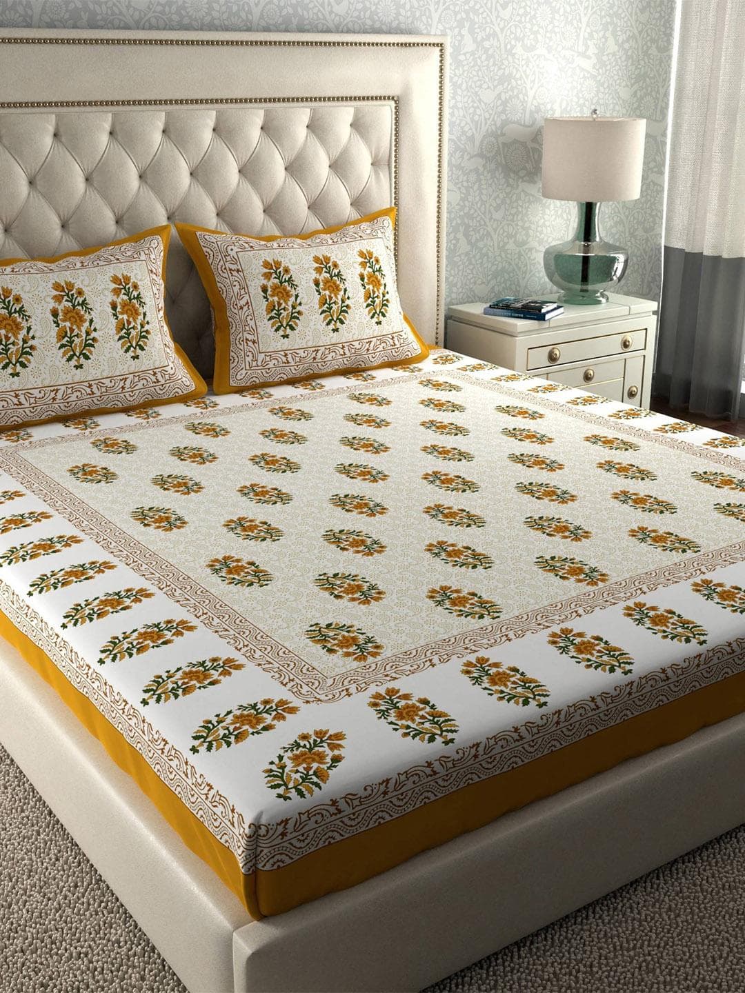 CLOTHOLOGY Mustard Floral Motif The Jaipur Reverie Cotton Double Flat 104 TC Jaipuri Prints Bedsheet Set