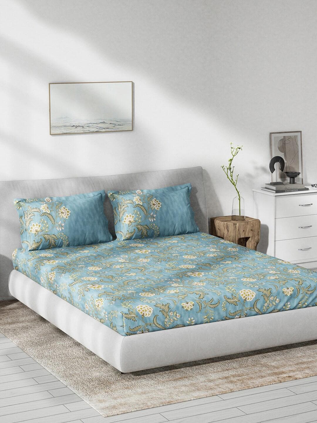 DDecor Live Beautiful Blue Floral Cotton 144 TC Fitted King Bedsheet with 2 Pillow Covers
