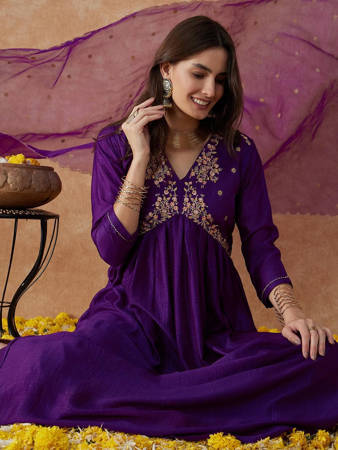 Sangria Alia Cut Ethnic Motifs Embroidered Anarkali Kurta With Palazzo & Dupatta Set