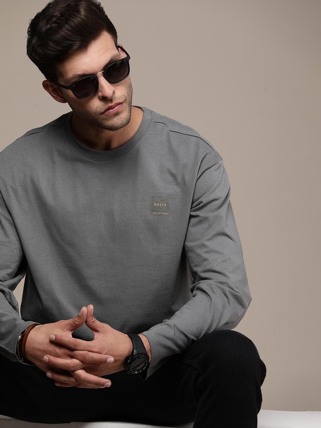 The Roadster Life Co. Pure Cotton Solid Drop-Shoulder Sleeves Casual T-shirt