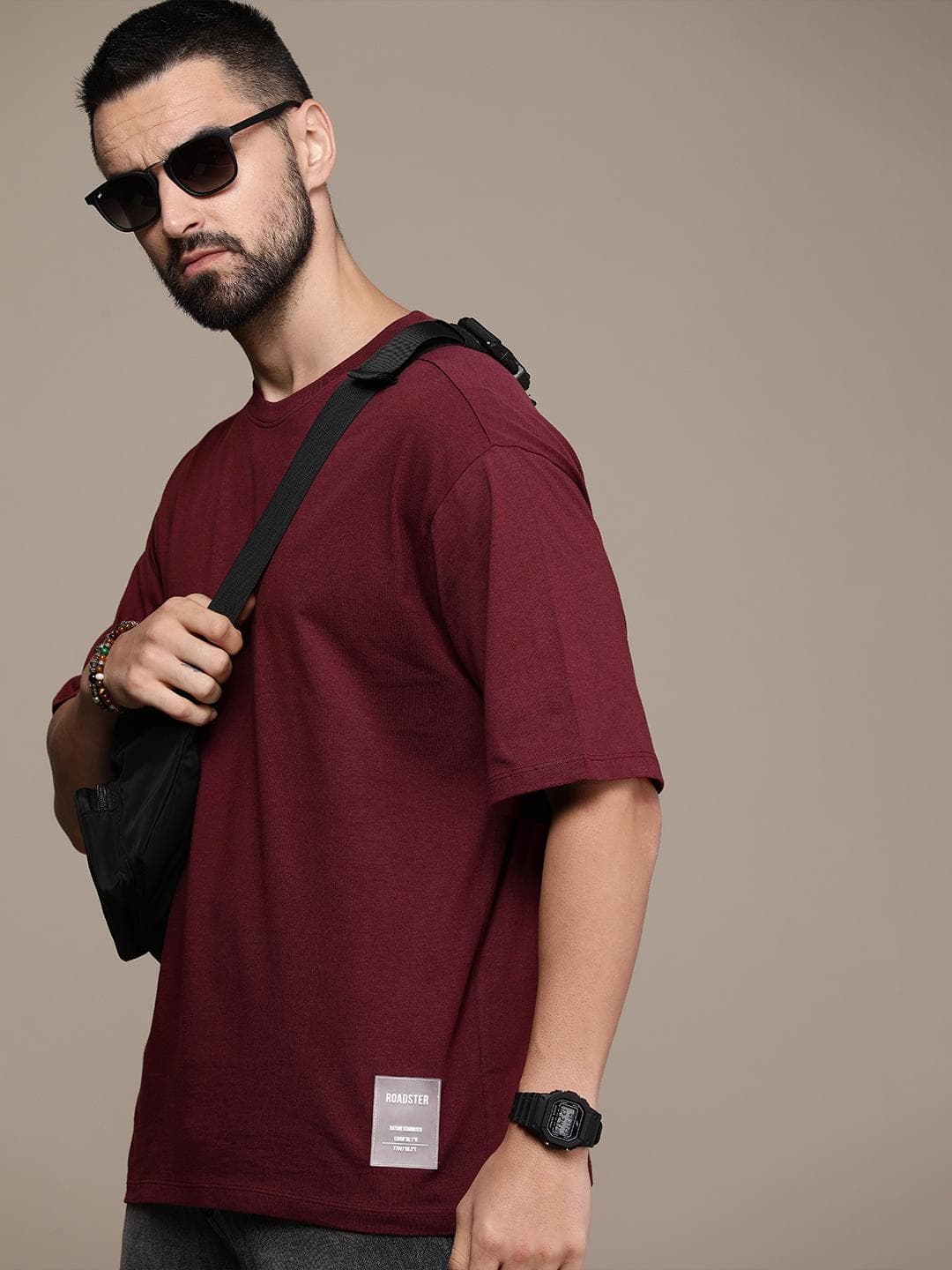 The Roadster Life Co. Pure Cotton Solid Drop-Shoulder Sleeves Casual T-shirt