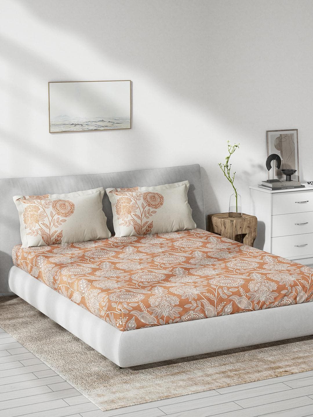 DDecor Brown Floral Cotton 144 TC Queen Bedsheet with 2 Pillow Covers-90 x 108 inches