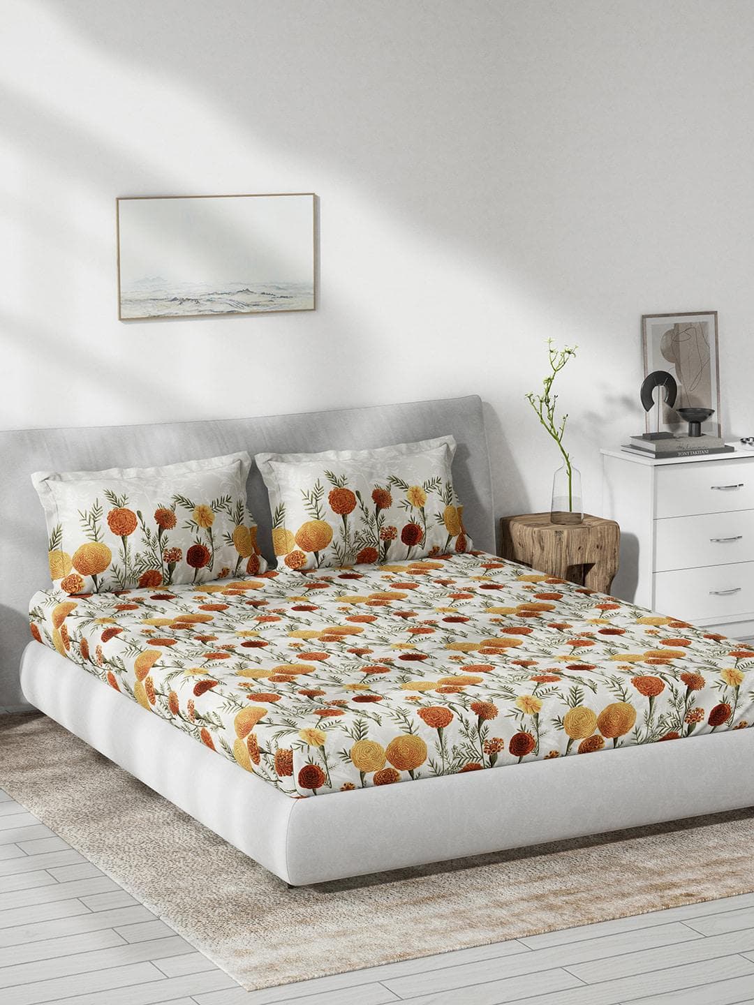 DDecor Yellow & White Floral Cotton 144 TC Queen Bedsheet with 2 Pillow Covers