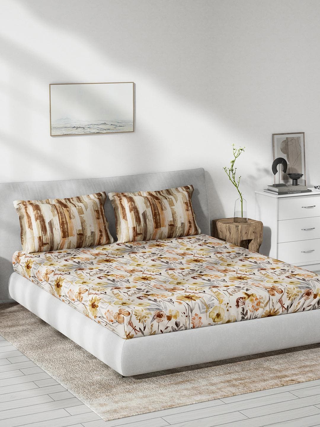 DDecor Live Beautiful White & Brown Floral Cotton 144 TC Queen Bedsheet & 2 Pillow Covers