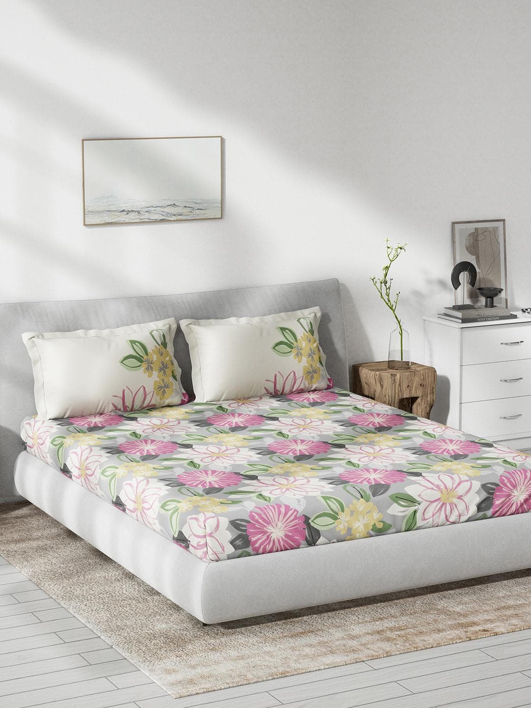DDecor Live Beautiful Grey Floral Cotton 144 TC Queen Bedsheet with 2 Pillow Covers-90 x 108 inches
