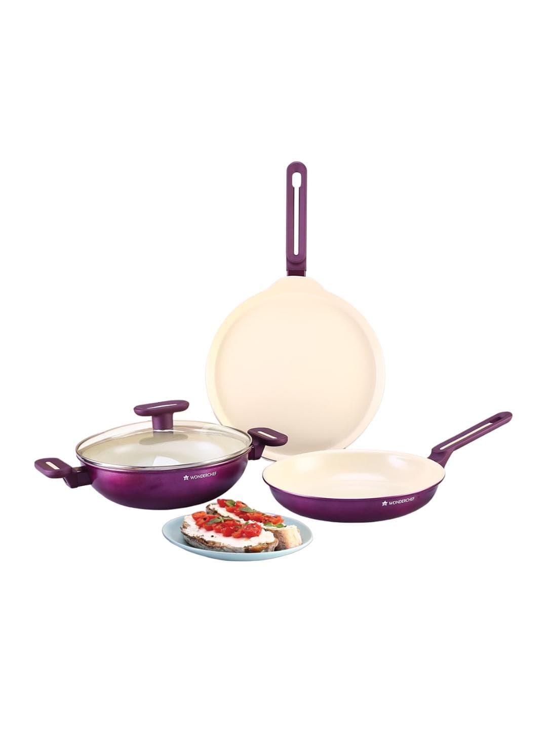 Buy Wonderchef Bellagio 4 Pcs Purple Ceramic Non Stick Cookware Set - - Home for Unisex