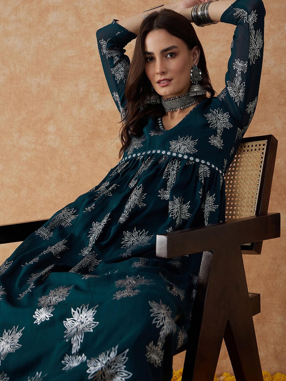Sangria Floral Printed V-Neck Anarkali Kurta & Palazzos