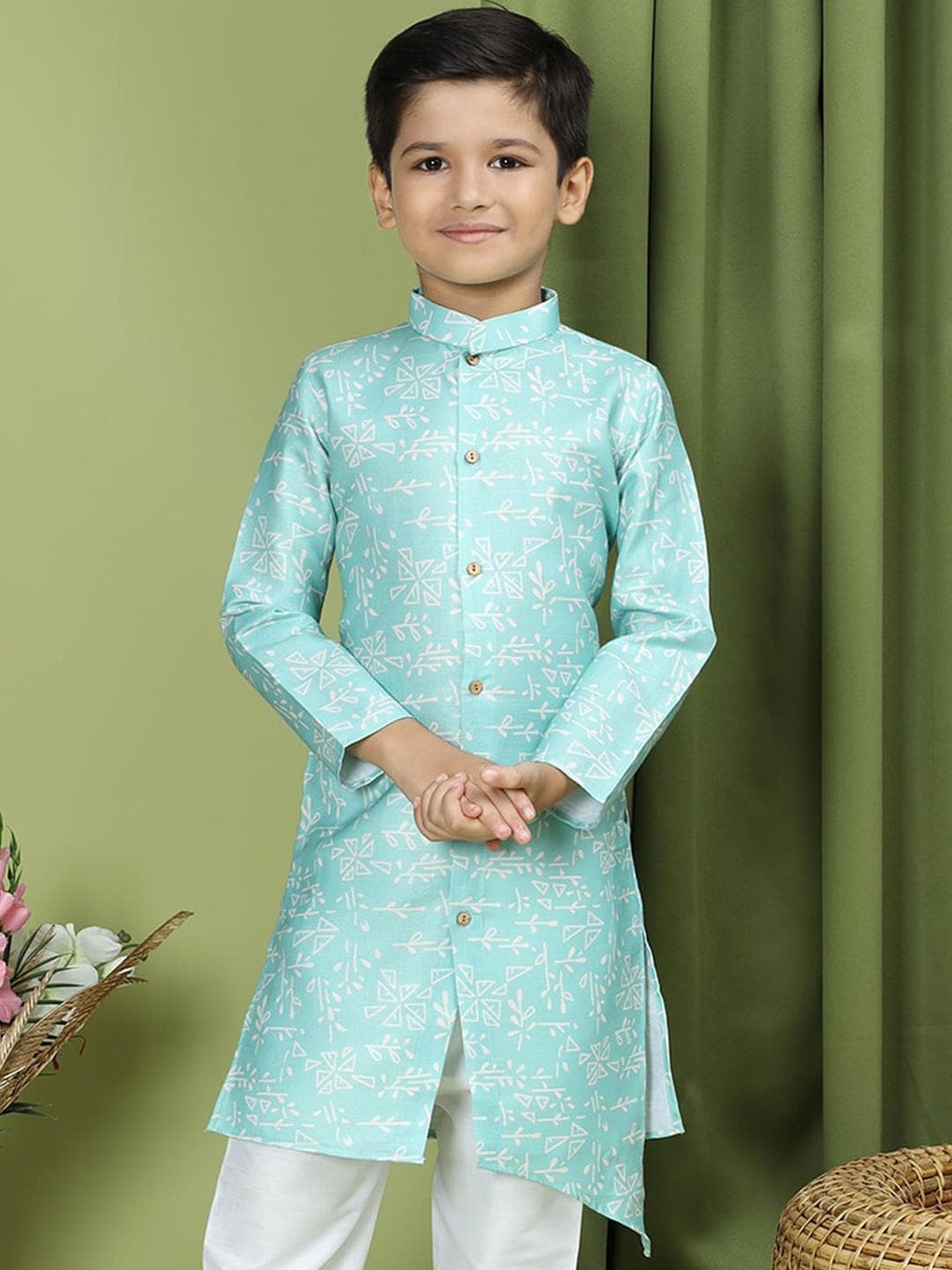 TABARD Boys Ethnic Motifs Printed Mandarin Collar Asymmetric Cotton Kurta