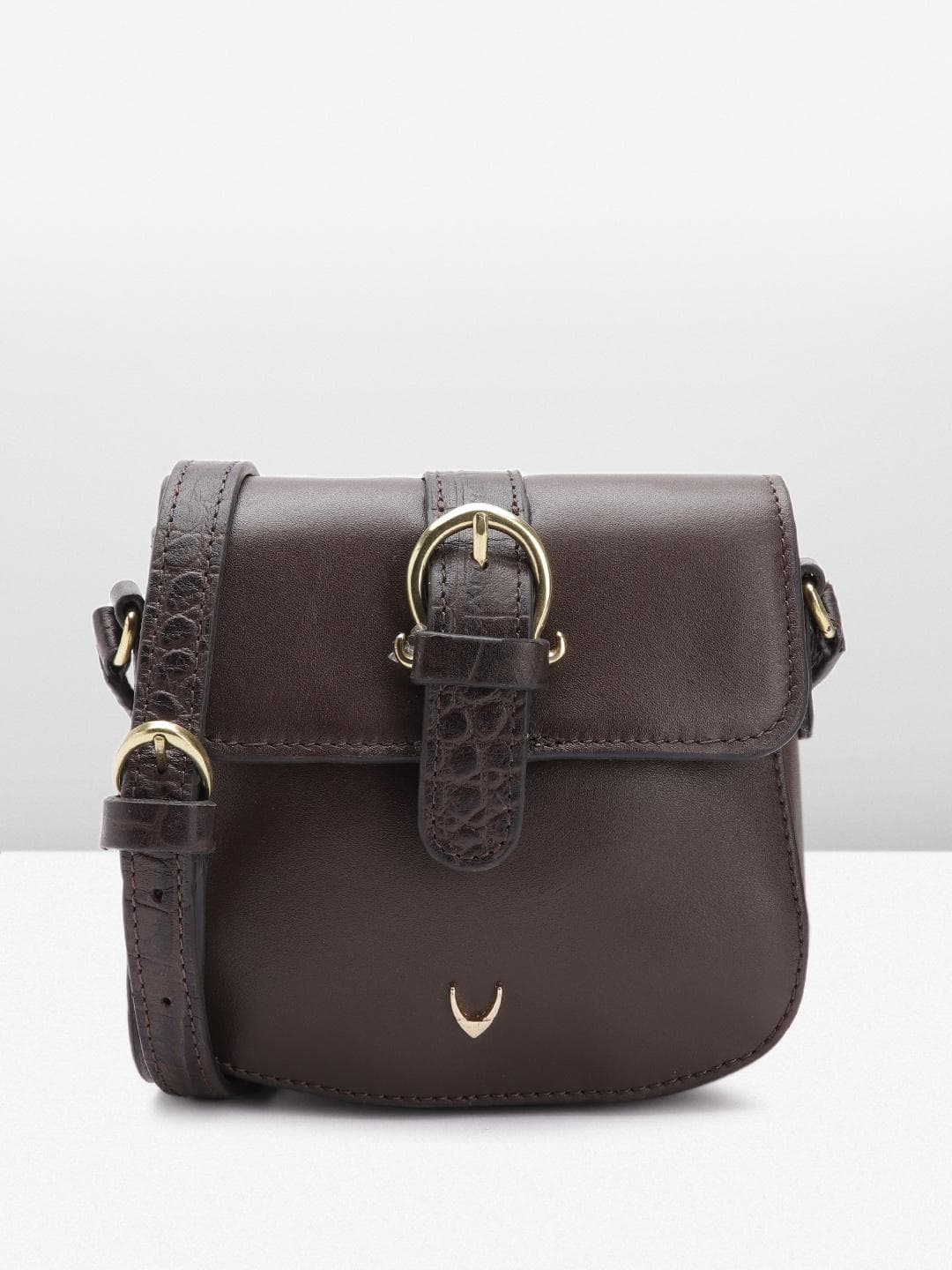Hidesign Leather Structured Sling Bag with Croc Textured & Buckle Detail