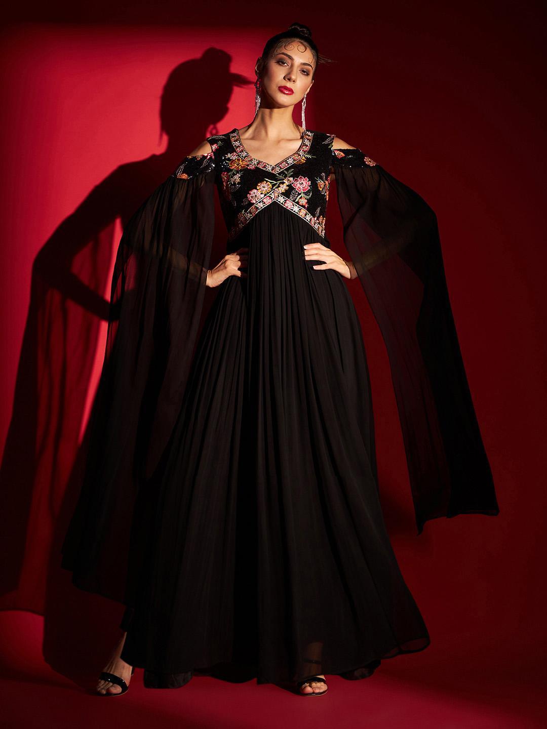 Buy MADHURAM Black Floral Embroidered Cape Sleeves Gathered Maxi Ethnic Georgette A Line Dress - - Apparel for Women