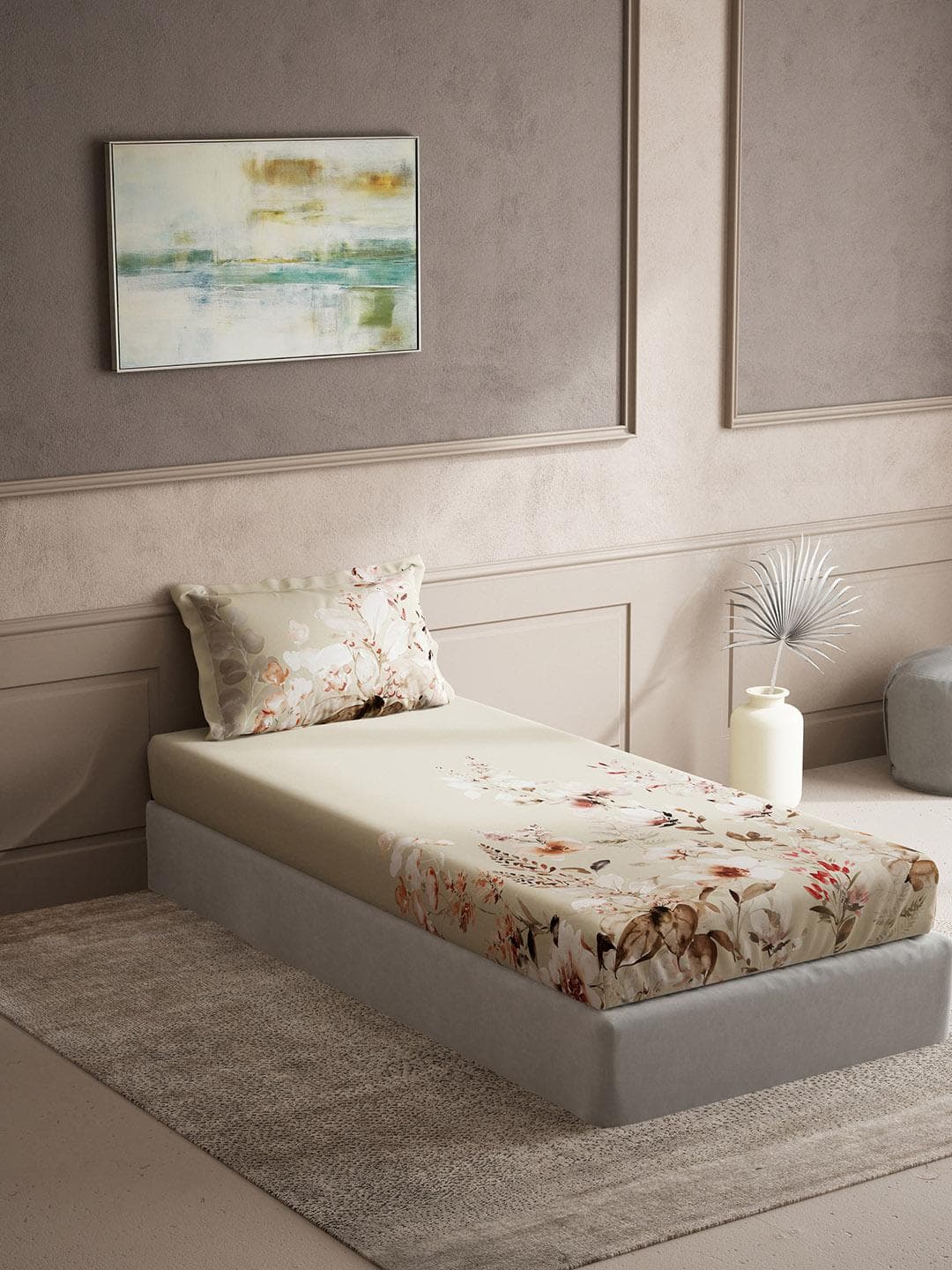 DDecor Live Beautiful Beige Floral Cotton 150 TC Single Bedsheet with a Pillow Cover-60 x 88 inches