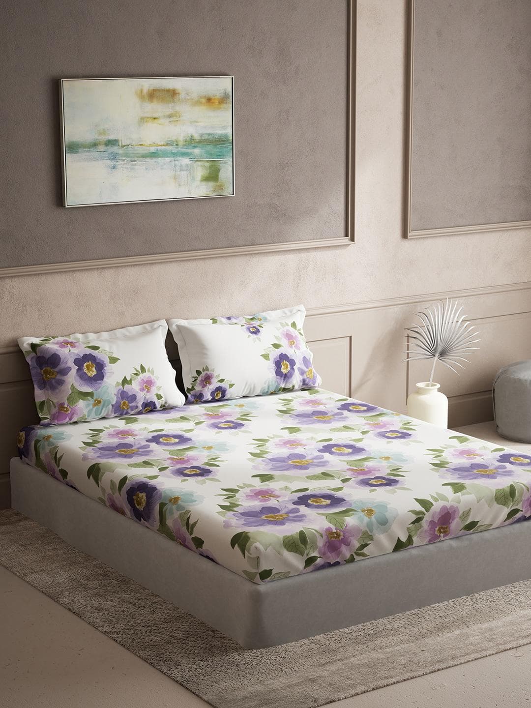 DDecor Purple & Green Floral Cotton 150 TC King Bedsheet With 2 Pillow Covers