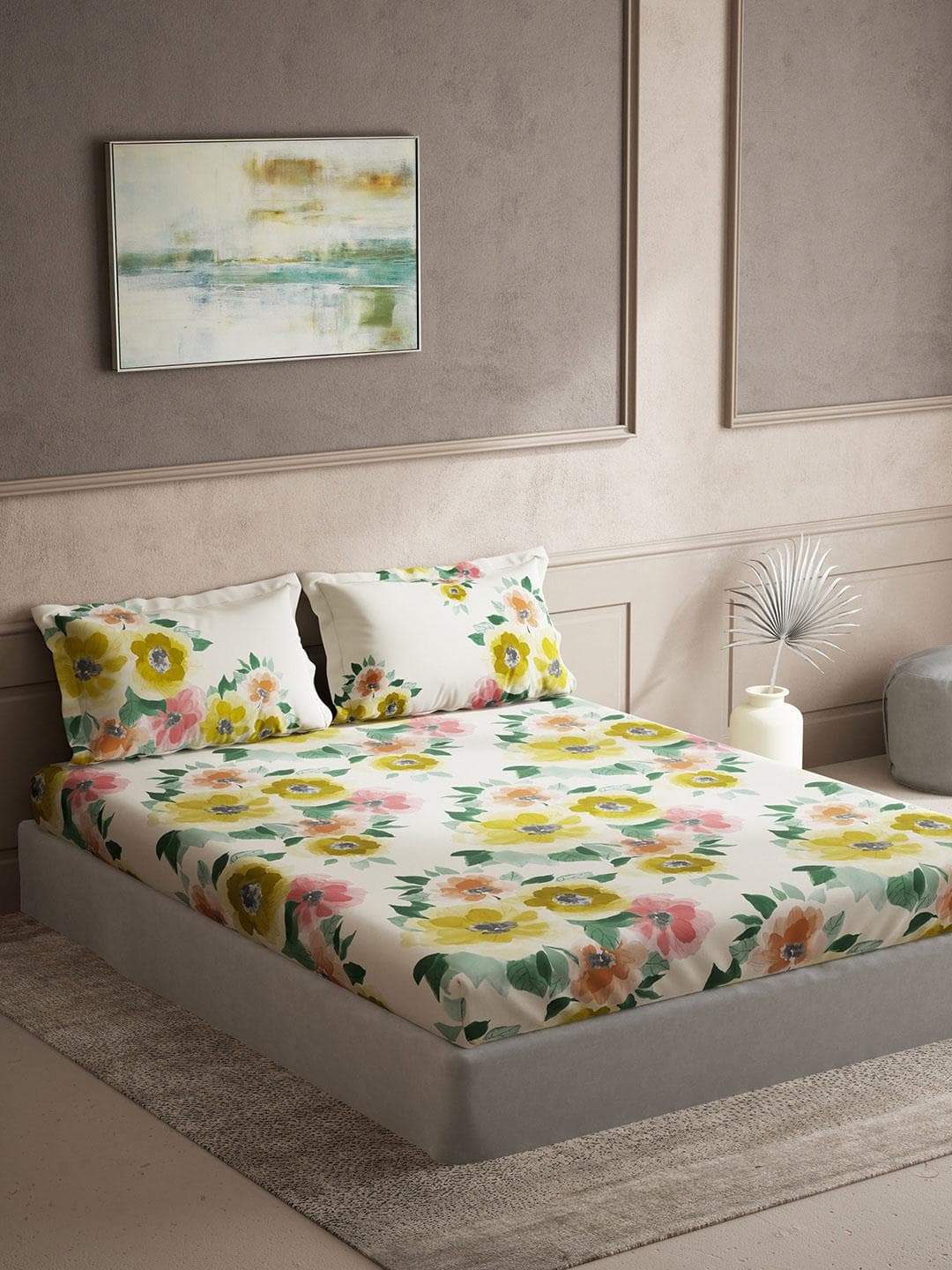 DDecor White & Yellow Floral Cotton 150 TC King Bedsheet with 2 Pillow Covers