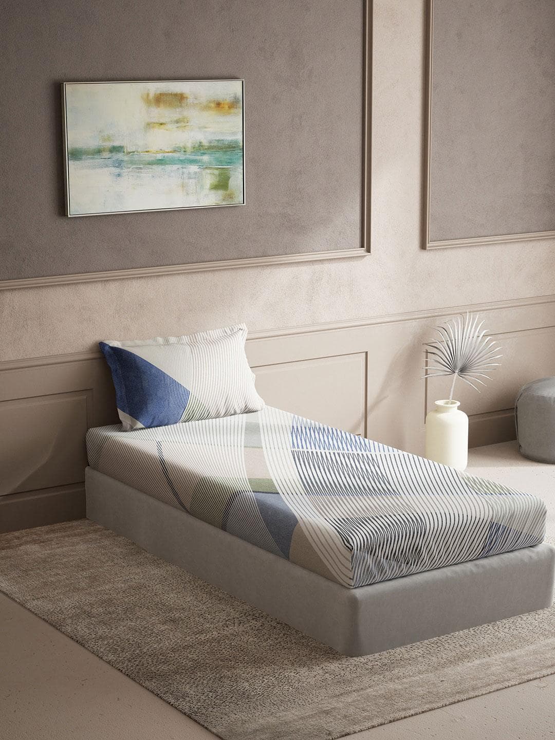 DDecor Live Beautiful Blue Abstract Cotton 150 TC Single Bedsheet with a Pillow Cover-60 x 88 inches