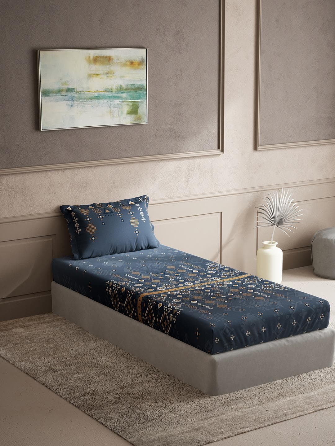 DDecor Live Beautiful Blue Ethnic Motifs Cotton 150 TC Single Bedsheet with a Pillow Cover-60 x 88 inches