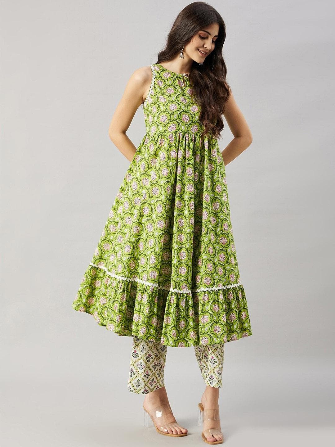 WineRed Floral Printed Sleeveless Empire Anarkali Pure Cotton Kurta With Salwar