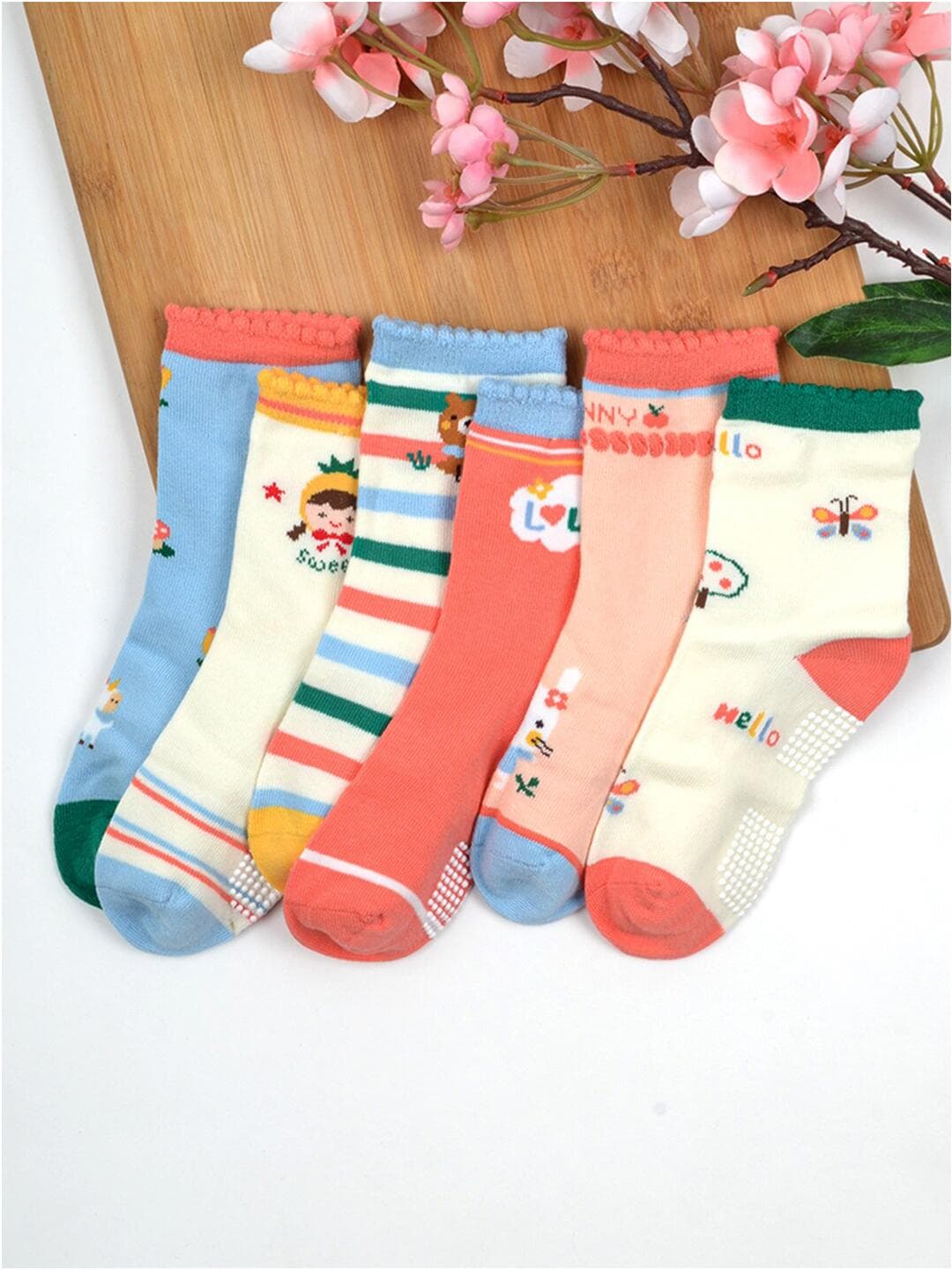 FOOTPRINT 6 Pairs Infant Kids Unisex Multi-Colored Ankle-Length Assorted Antiskid Cotton Socks