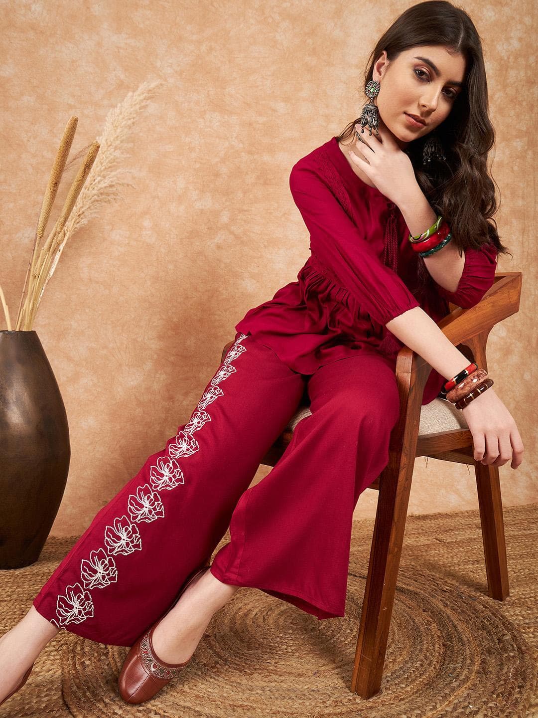 Buy Sangria Embroidered Top With Palazzo Co Ords - - Apparel for Women