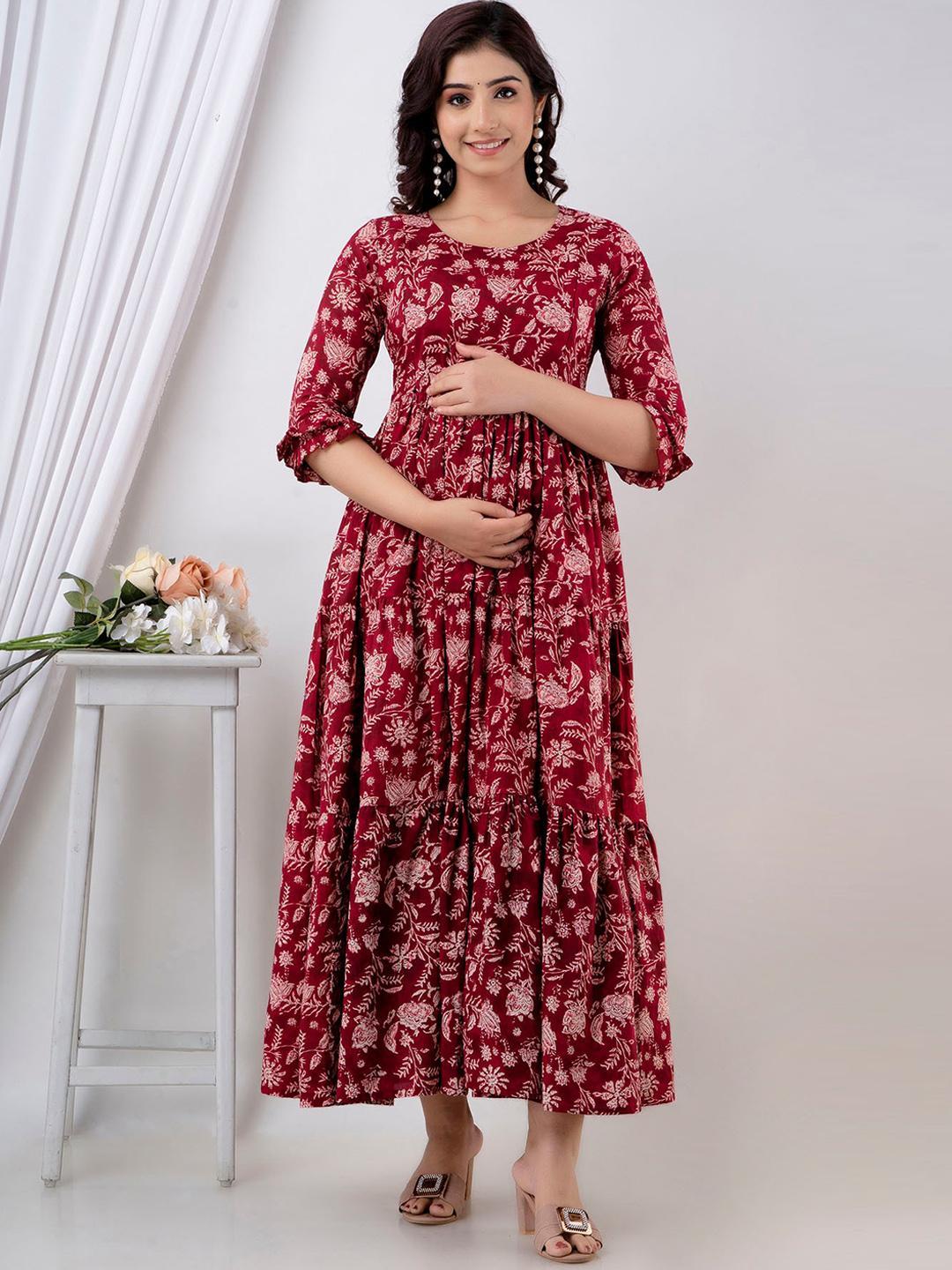 Buy Henal Floral Printed Gathered Tiered Cotton Maternity Ethnic Dress - - Apparel for Women