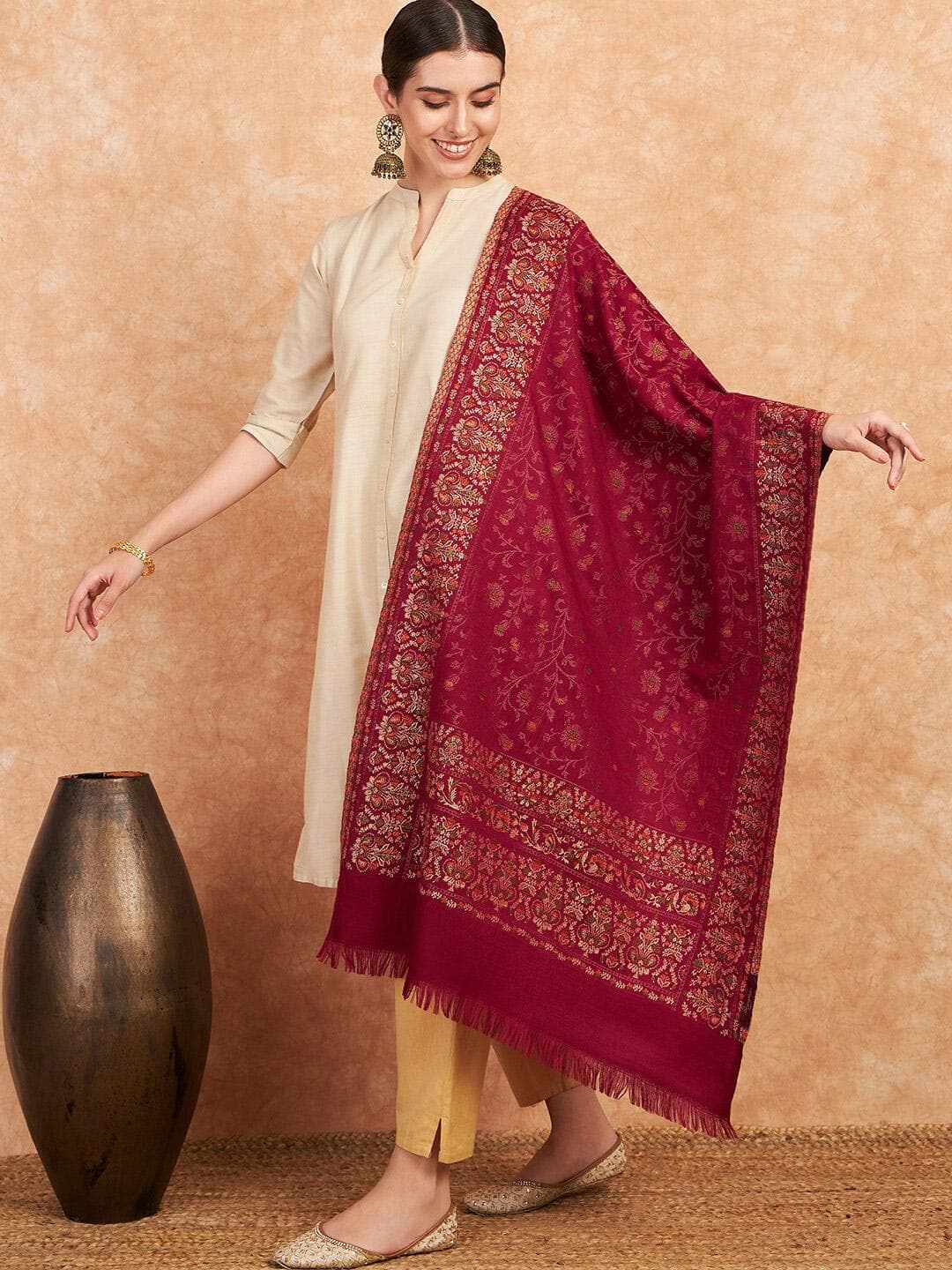 Sangria Floral Woven Design Winter Pashmina Shawl