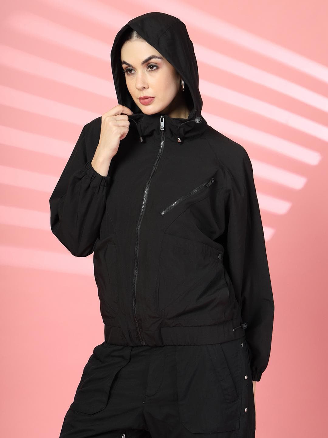 CHKOKKO Black Windcheater Dry Fit Hooded Sporty Crop Zipper Jacket