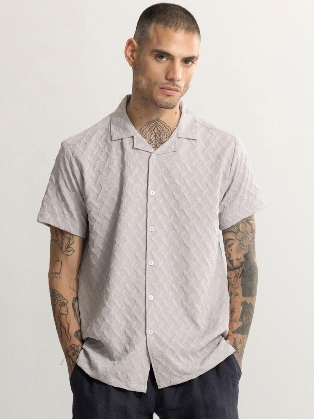 Snitch Grey Classic Boxy Textured Cuban Collar Casual Shirt