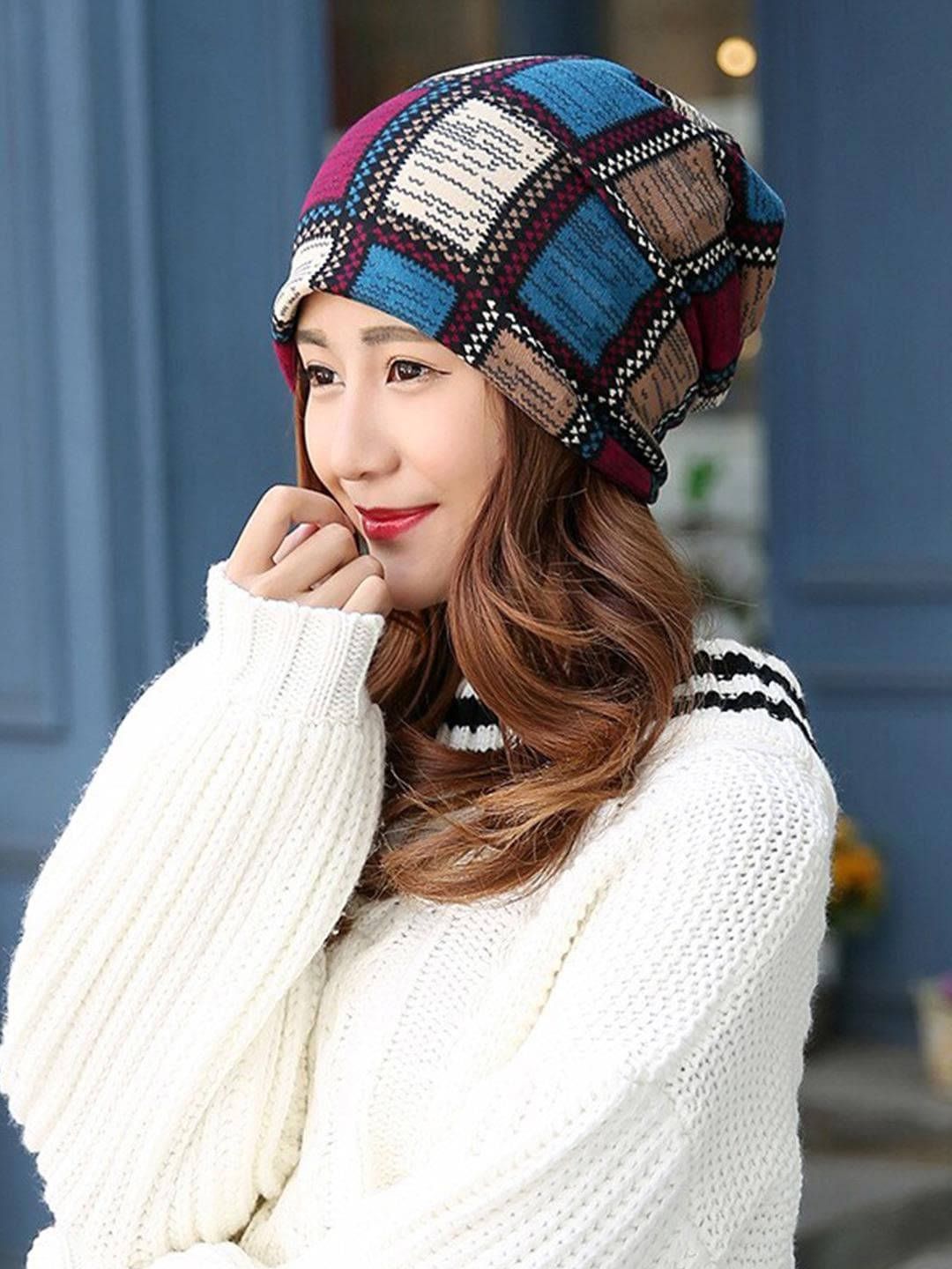 Buy Alexvyan Blue Colourblocked Cotton Beanie Winter Cap - - Accessories for Women
