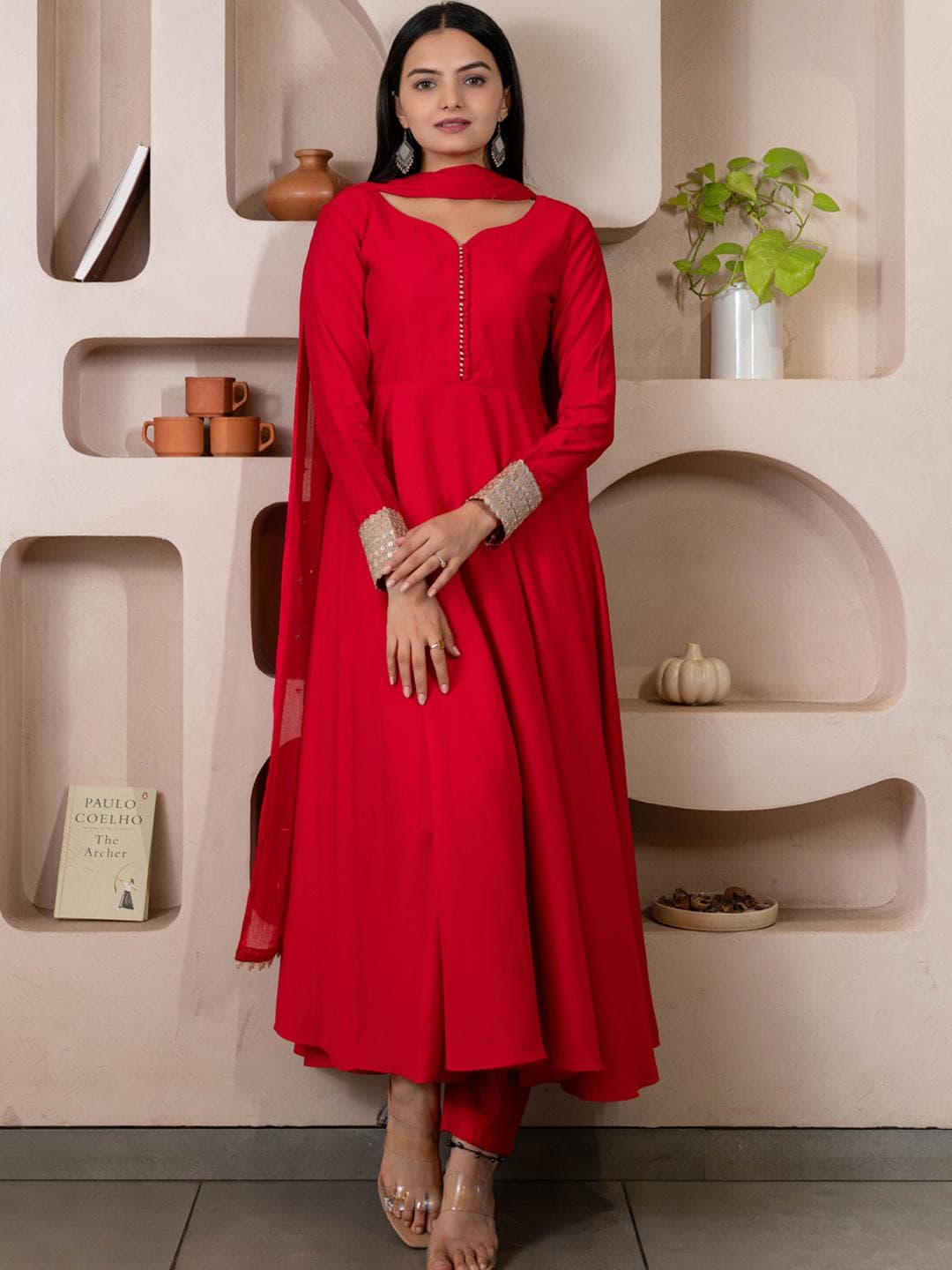 WEAVLLITE Sweetheart Neck Anarkali Kurta with Trousers & Dupatta